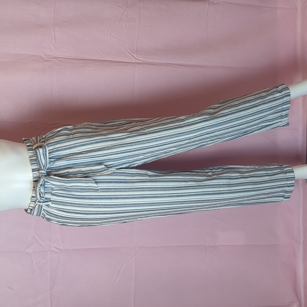 Forever 21 Blue White and Gray Striped Tie Waist Belted Trousers with Pockets